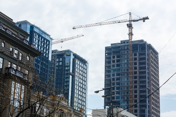Fototapeta premium Construction site with crane and building. Modern architecture. Multistoried commercial building. Real estate