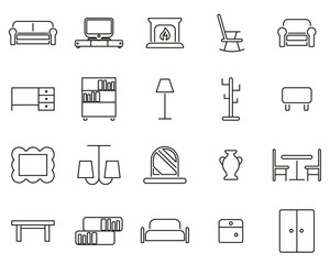 Furniture Icons Black & White Thin Line Set Big