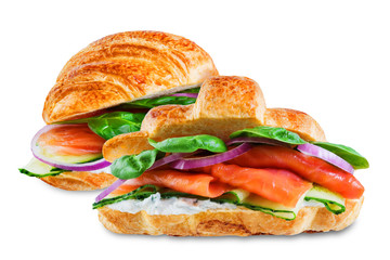 Smoked salmon ricotta cheese cucumber croissant on a white isolated background