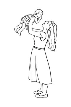 Hand drawn adorable baby and mother line silhouette. Cute simple vector illustration. Happy mom holds her infant. Perfect for cards, posters, design, booklet, website, article, mothers day