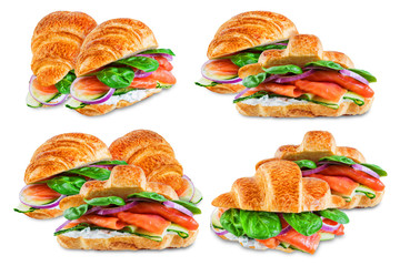 Smoked salmon ricotta cheese cucumber croissant on a white isolated background