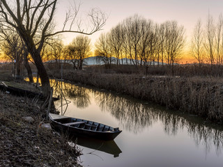 Typical wooden boat of the wetland known as Padule di Fucecchio, Porto dell'Uggia, Tuscany, Italy,...