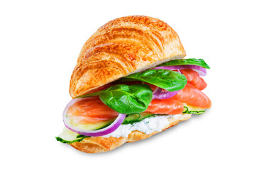 Smoked salmon ricotta cheese cucumber croissant on a white isolated background