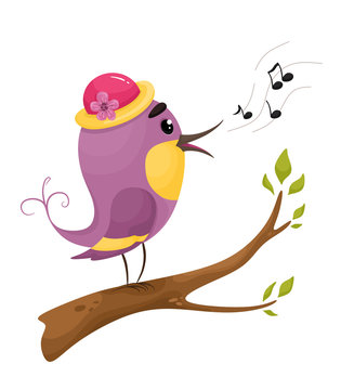 Cute bird sings on a branch. Bird with a hat. Vector illustration in cartoon flat style. Isolate on a white background.