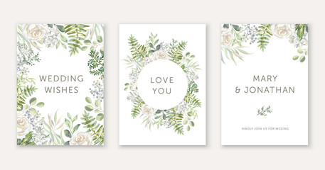 Wedding cards design. White rose flowers, green fern leaves bouquets, frames. Vector illustration. Floral arrangements. Invitation template background © ojardin