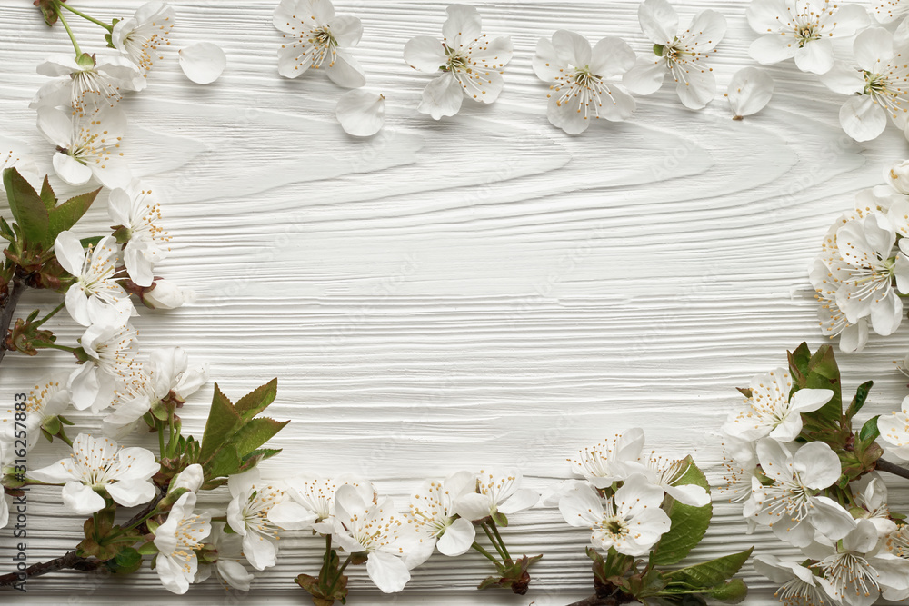 Poster blossoming cherry branches forming a frame with place for text: spring time concept and first flower