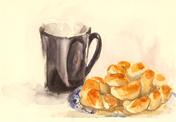 Watercolor of Cup of Tea and Buns