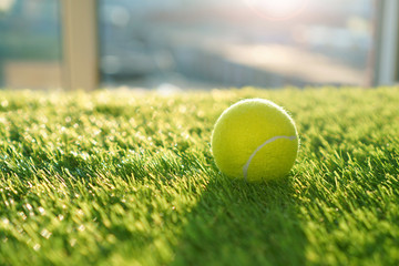 Soft artificial grass background with tennis ball - obrazy, fototapety, plakaty