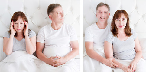 Fototapeta premium Banner Before after psychologist Middle age couple with quarrel problem relationship. Before-after Family life Love and happiness. Save relationship, healthy menopause marriage concept Selective focus