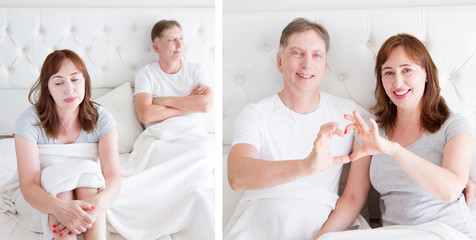 Fototapeta premium Closeup Middle age couple Before after work with Therapist. Before-after Family psychologist sessions progress. Marriage program for saving relationships and happy family life. Selective focus. Banner