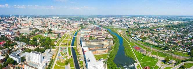 Panorama of Tula city and Upa River Embankment, Kazanskaya Embankment and a park in the historical part of Tula near the Kremlin