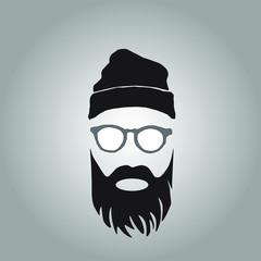 Graphic illustration of a man in a cap in glasses and with a beard. Linear style logo. A hunter in a calf winter hat. Hairstyle stylist. Barbershop logo. Instagram content.Hipster
