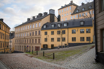 Old town houses in the district Södermalm in Stockholm a grey winter day