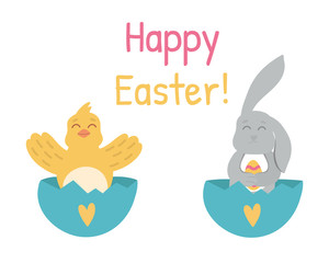 Cute chick and easter bunny. Hand drawn illustration for easter. Decor for the holiday.