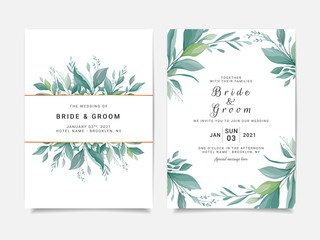 Beautiful greenery wedding invitation card template design with elegant leaves frame. Floral greenery illustration decoration for event, cover, poster