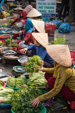 Marktfrauen in Vietnam mit Kegelhüten
