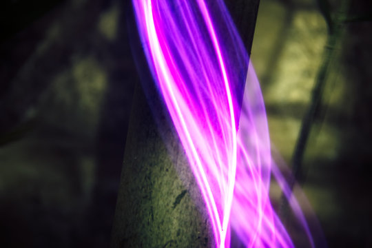 Palm tree trunk in neon light at night.