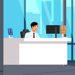 Car showroom male administrator at reception desk