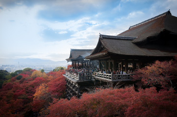 Fototapeta na wymiar Japan, Kyoto - November 23rd, 2013 - Kiyomizu Dera Temple view with colerful trees and blue sky
