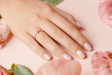 Ring on woman finger.