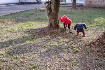 Two little girls - sisters are looking for something on the surface of the earth