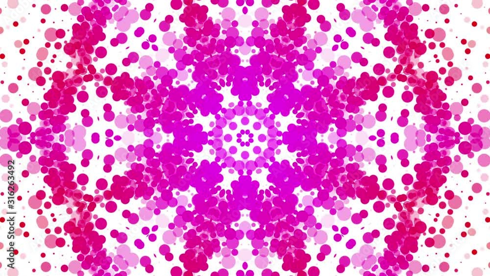 Poster beautiful kaleidoscope patterns of multicolored round particles on a white background. abstract anim