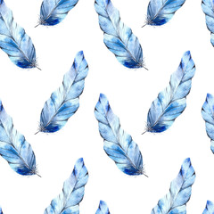 Seamless pattern, feathers, watercolor painting, delicate colors