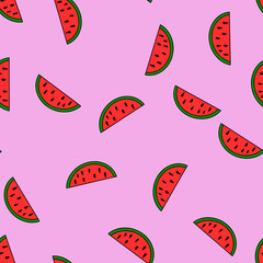 Seamless pattern with watermelon slices. Doodles. Hand drawn drawing. Children's textiles. Summer print.Pink background.Vector