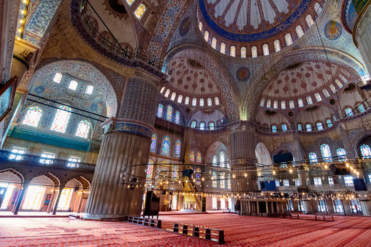 istanbul, turkey - AUG 18, 2015: inside interior of blue mosque also known as sultan ahmed. functioning mosque is a popular travel destination