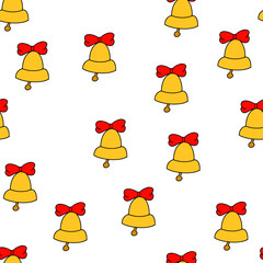 Seamless pattern with a gold bell with a red bow on a white background. Drawing for a holiday, Christmas, school. The print on the fabric. Vector