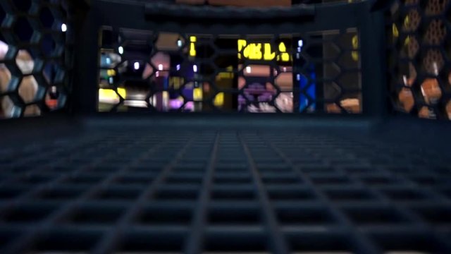 Empty shopping cart quickly rides in a grocery store. View from a shopping cart trolley into supermarket, close-up. Shopping tour in a grocery shop with winter holidays decoration. - Powered by Adobe