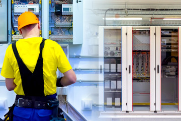 Electrician makes wiring. Power distribution board in a constructed building. The work of an electrician. Construction of power grids in production. Power management in production.