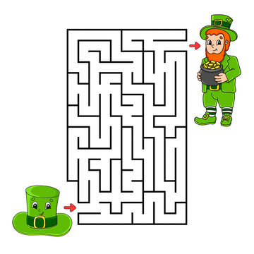 Square maze. Leprechaun and hat. Game for kids. Puzzle for children. Labyrinth conundrum. Color vector illustration. Isolated vector illustration. Cartoon character.
