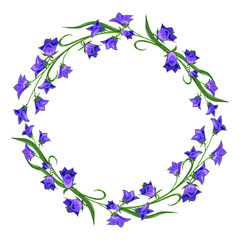 Wreath of wild field bells. Round frame with blue flowers. Frame with a beautiful pattern of flowers bluebells.