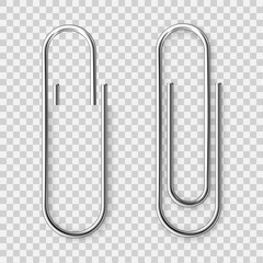 Realistic metal paper clip on checkered background. Page holder, binder. Vector illustration.