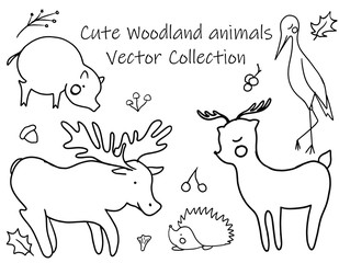 A set of hand drawn cute woodland animals. Deer, stark, pig, hedgehog, bird, mushroom, acorn, bear. Vector collection perfect for childish decoration clothes, patterns, stickers, cards