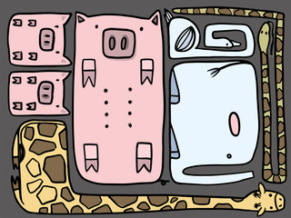 Set of geometric cute animals. Snake, giraffe, swan, pigs, elephant. Vector collection perfect for childish decoration clothes, patterns, stickers, cards, fabric, textile, t-shirt, blanket