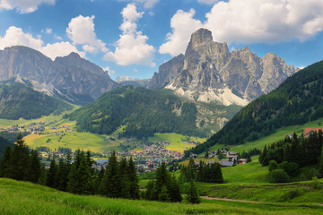 Sassongher peak and Corvara in Badia village in Dolomites Alps, Italy, Europe