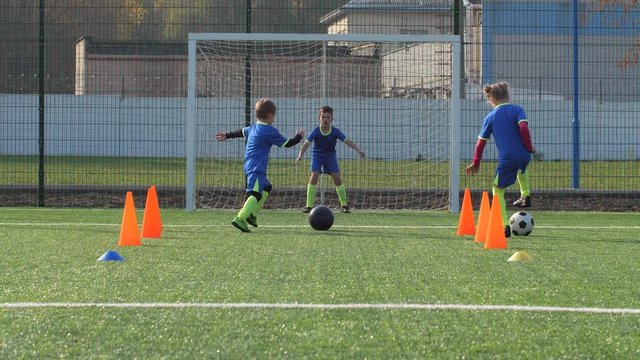 Two young soccer players training to dribble around cones and score goals while one of team standing on goal and training to hit ball. Preadolescent children learning skill of owning soccer ball