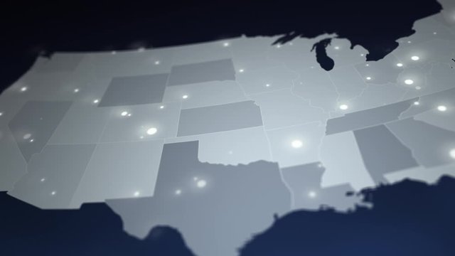 Cinematic United States Map with flickering lights. View military scientific map rotates. Animated moving map with close-ups on dark navy blue background with spakling city lights