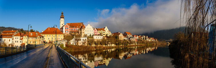 Frohnleiten panorama small town above Mur river in Styria,Austria. Famous travel destination.