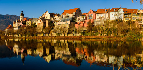 Frohnleiten panorama small town above Mur river in Styria,Austria. Famous travel destination.