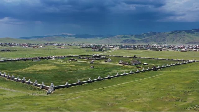 Aerial around view of the Kharkhorin Erdene Zuu Monastery in Kharkhorin (Karakorum), Mongolia. Karakorum was the capital of the Mongol Empire between 1235 and 1260, 4k
