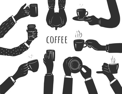 Human hands with cups of coffee set
