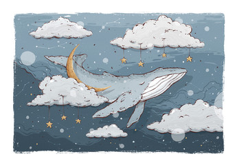 Blue whale among clouds of stars and night sky © Annie Draws