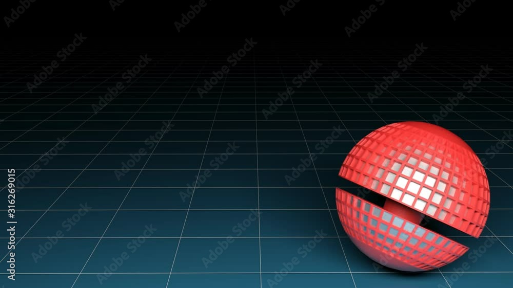 Poster a red sphere with chrome squares is on a lue background and rotates - 3d rendering illustration