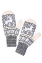 Warm woolen knitted mittens isolated on white background. Gray knitted mittens with pattern