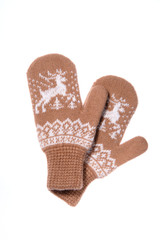 Warm woolen knitted mittens isolated on white background. Brown knitted mittens with pattern