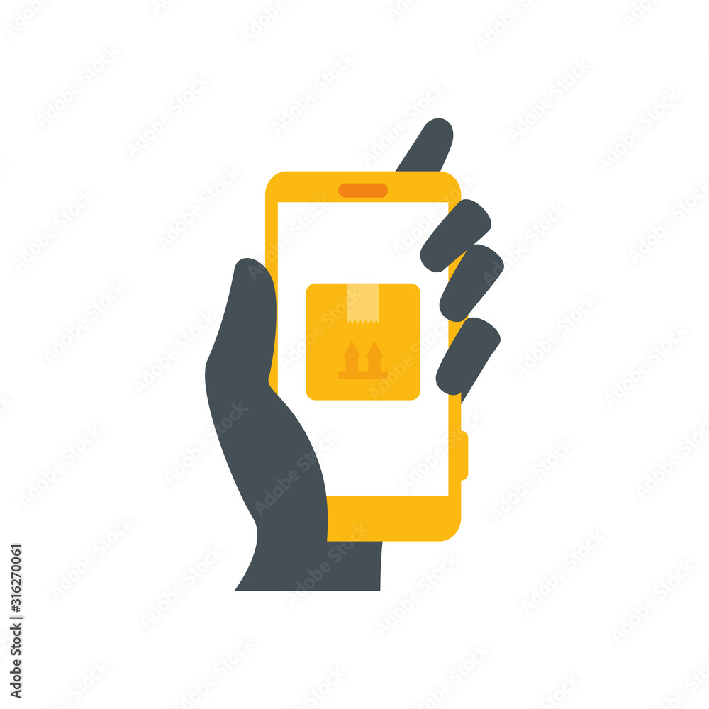 Poster hand and smartphone with delivery service application