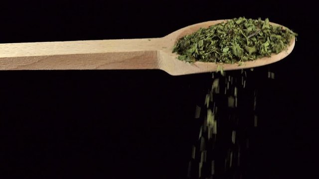 One spoon of corriander leaves. Spices and food ingredients. slow motion